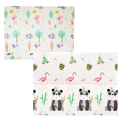 Covoras pentru Copii, Klevo, cu 2 Fete, Model Caprioare/Panda, din XPE+PE, Impermeabil, Antiderapant, Protectie Termica, +3 Luni, Pliabil, 150 x 200 x 1 cm, Multicolor