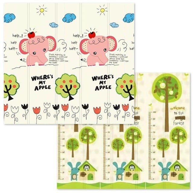 Covoras pentru Copii, Klevo, cu 2 Fete, Model Elefantei/Padure, din XPE+PE, Impermeabil, Antiderapant, Protectie Termica, +3 Luni, Pliabil, 150 x 200 x 1.5 cm, Multicolor