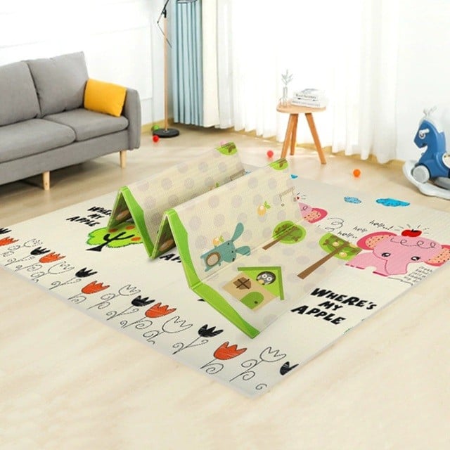 Covoras pentru Copii, Klevo, cu 2 Fete, Model Elefantei/Padure, din XPE+PE, Impermeabil, Antiderapant, Protectie Termica, +3 Luni, Pliabil, 180 x 200 x 1.5 cm, Multicolor