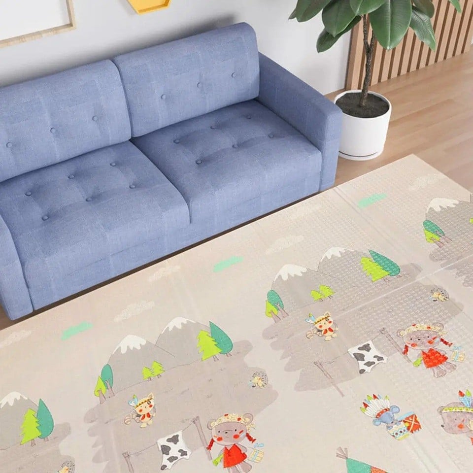 Covoras pentru Copii, Klevo, cu 2 Fete, Model Maimute/Indieni, din XPE+PE, Impermeabil, Antiderapant, Protectie Termica, +3 Luni, Pliabil, 150 x 200 x 1 cm, Multicolor