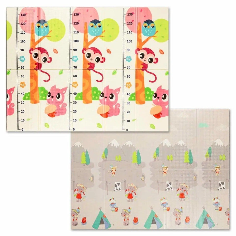 Covoras pentru Copii, Klevo, cu 2 Fete, Model Maimute/Indieni, din XPE+PE, Impermeabil, Antiderapant, Protectie Termica, +3 Luni, Pliabil, 150 x 200 x 1 cm, Multicolor