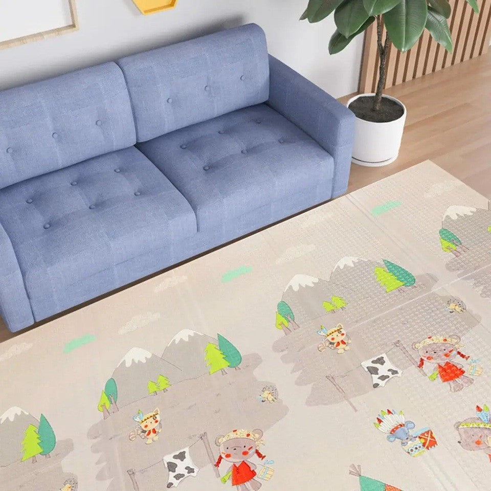 Covoras pentru Copii, Klevo, cu 2 Fete, Model Maimute/Indieni, din XPE+PE, Impermeabil, Antiderapant, Protectie Termica, +3 Luni, Pliabil, 150 x 200 x 1 cm, Multicolor