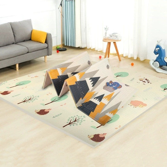 Covoras pentru Copii, Klevo, cu 2 Fete, Model Padure/Elefanti, din XPE+PE, Impermeabil, Antiderapant, Protectie Termica, +3 Luni, Pliabil, 150 x 200 x 1.5 cm, Multicolor