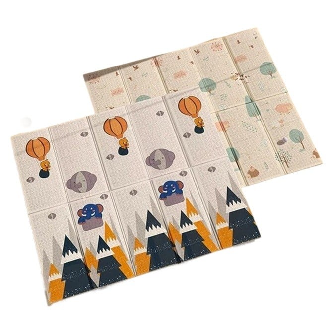 Covoras pentru Copii, Klevo, cu 2 Fete, Model Padure/Elefanti, din XPE+PE, Impermeabil, Antiderapant, Protectie Termica, +3 Luni, Pliabil, 150 x 200 x 1.5 cm, Multicolor