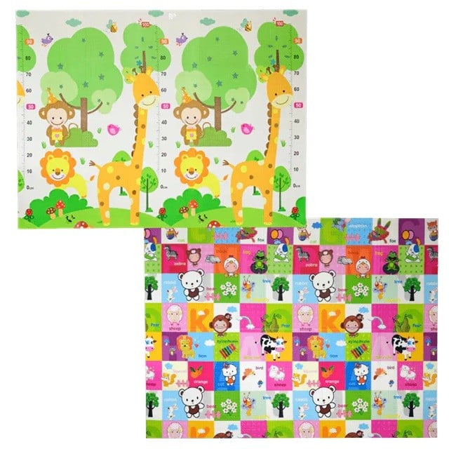 Covoras pentru Copii, Klevo, cu 2 Fete, Model Safari/Animale, din XPE+PE, Impermeabil, Antiderapant, Protectie Termica, +3 Luni, Pliabil, 150 x 200 x 1 cm, Multicolor