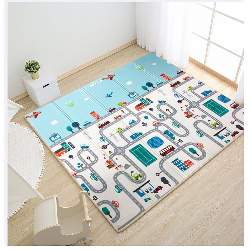 Covoras pentru Copii, Klevo, cu 2 Fete, Model Trafic/Girafe, din XPE+PE, Impermeabil, Antiderapant, Protectie Termica, +3 Luni, Pliabil, 180 x 200 x 1 cm, Multicolor