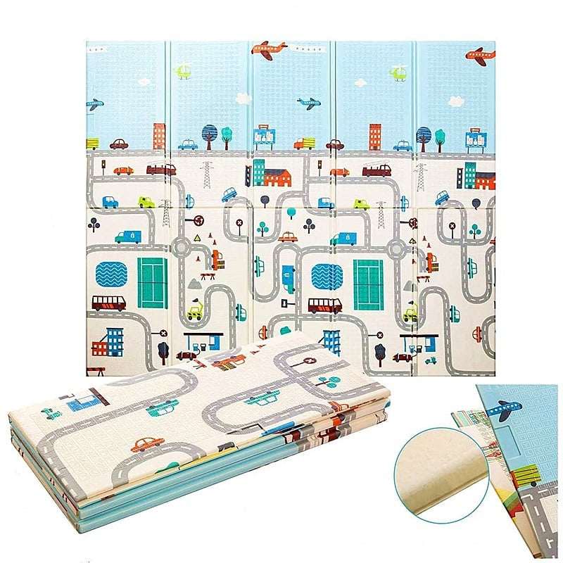 Covoras pentru Copii, Klevo, cu 2 Fete, Model Trafic/Girafe, din XPE+PE, Impermeabil, Antiderapant, Protectie Termica, +3 Luni, Pliabil, 180 x 200 x 1 cm, Multicolor