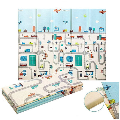Covoras pentru Copii, Klevo, cu 2 Fete, Model Trafic/Girafe, din XPE+PE, Impermeabil, Antiderapant, Protectie Termica, +3 Luni, Pliabil, 180 x 200 x 1 cm, Multicolor