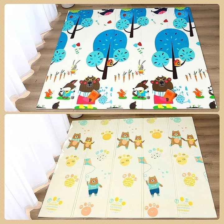 Covoras pentru Copii, Klevo, cu 2 Fete, Model Zmeu/Ursi, din XPE+PE, Impermeabil, Antiderapant, Protectie Termica, +3 Luni, Pliabil, 180 x 200 x 1.5 cm, Multicolor
