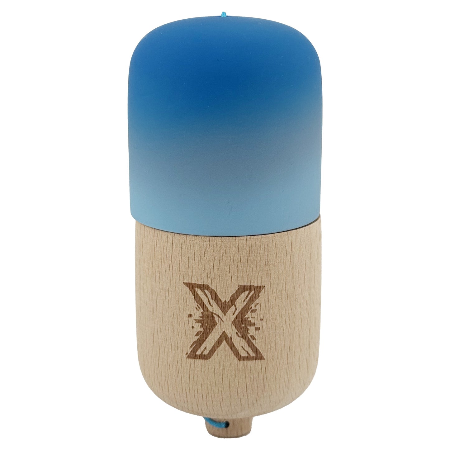 Kendama Pill X Originala, Klevo, Profesionala Model Rubber Grip Pilula, din Lemn, Varsta 9+, Ata 62/65 cm, 11 x 5 x 5 cm, Gradient Albastru/Albastru deschis