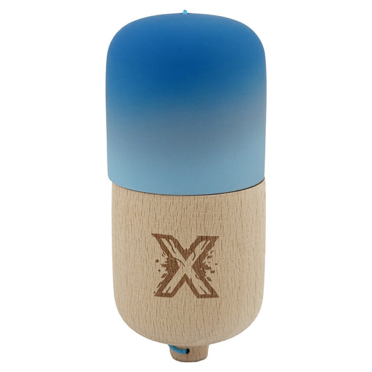 Kendama Pill X Originala, Klevo, Profesionala Model Rubber Grip Pilula, din Lemn, Varsta 9+, Ata 62/65 cm, 11 x 5 x 5 cm, Gradient Albastru/Albastru deschis