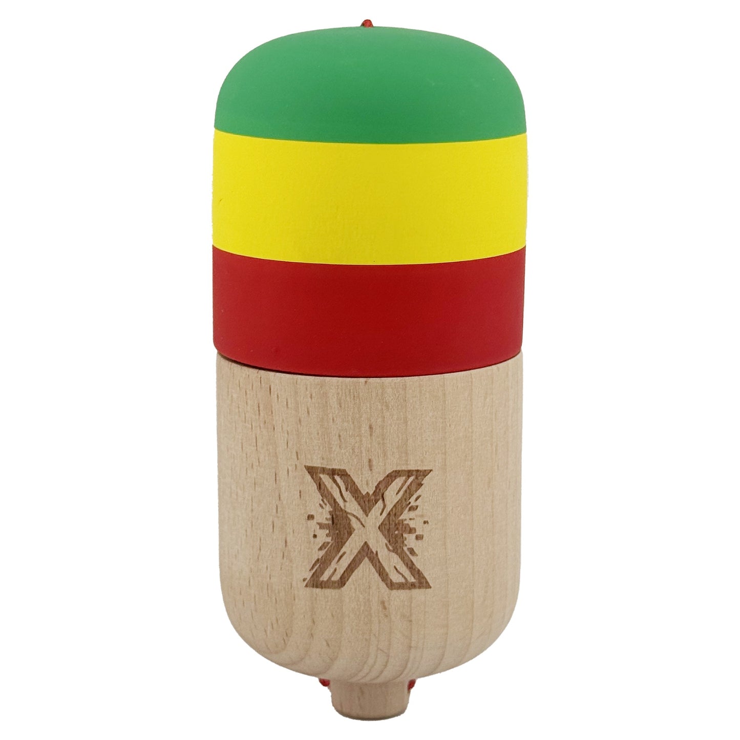 Kendama Pill X Originala, Klevo, Profesionala Model Rubber Grip Pilula, din Lemn, Varsta 9+, Ata 62/65 cm, 11 x 5 x 5 cm, Verde/Galben/Rosu