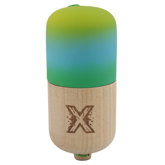 Kendama Pill X Originala, Klevo, Profesionala Model Rubber Grip Pilula, din Lemn, Varsta 9+, Ata 62/65 cm, 11 x 5 x 5 cm, Gradient Galben/Albastru/Verde