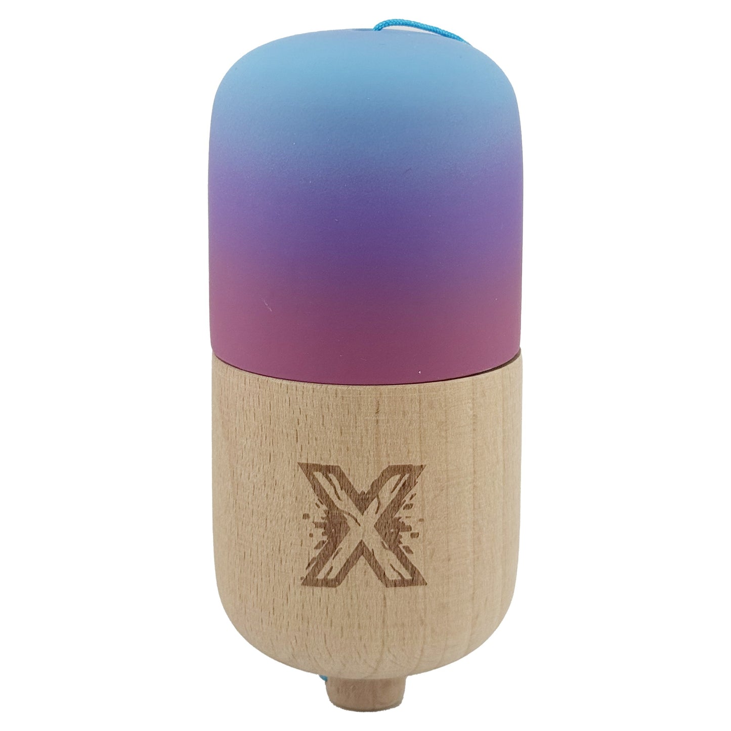 Kendama Pill X Originala, Klevo, Profesionala Model Rubber Grip Pilula, din Lemn, Varsta 9+, Ata 62/65 cm, 11 x 5 x 5 cm, Gradient Albastru deschis/Rosu
