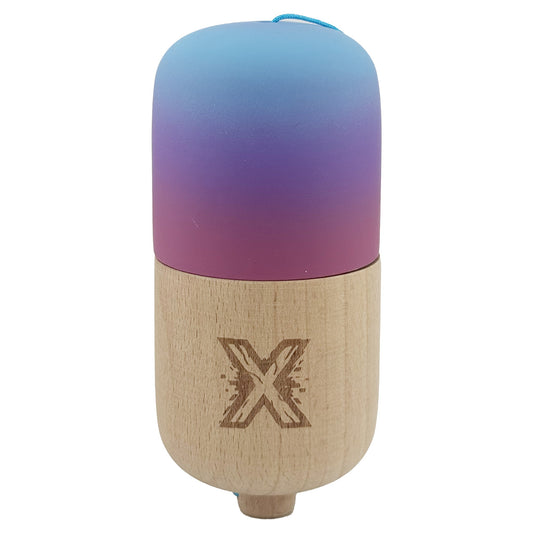 Kendama Pill X Originala, Klevo, Profesionala Model Rubber Grip Pilula, din Lemn, Varsta 9+, Ata 62/65 cm, 11 x 5 x 5 cm, Gradient Albastru deschis/Rosu