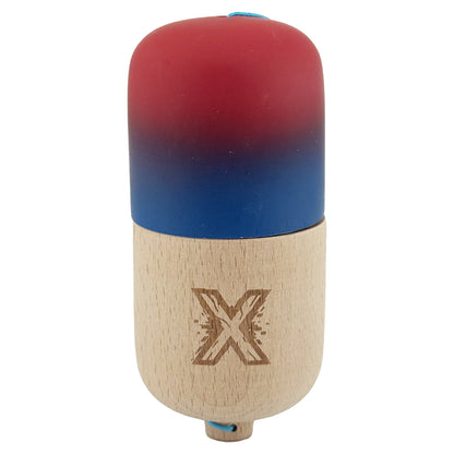 Kendama Pill X Originala, Klevo, Profesionala Model Rubber Grip Pilula, din Lemn, Varsta 9+, Ata 62/65 cm, 11 x 5 x 5 cm, Gradient Rosu/Albastru