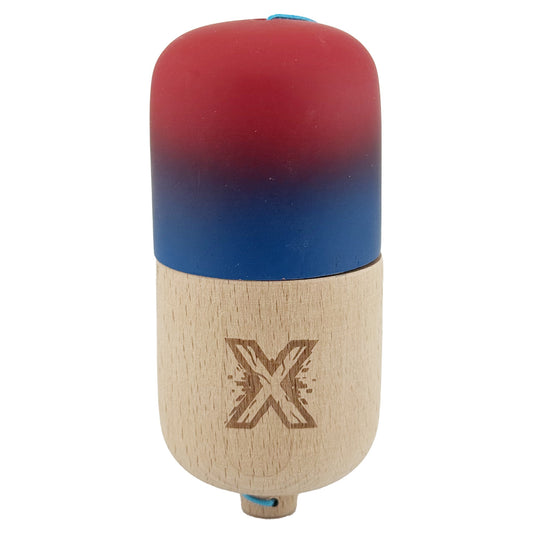 Kendama Pill X Originala, Klevo, Profesionala Model Rubber Grip Pilula, din Lemn, Varsta 9+, Ata 62/65 cm, 11 x 5 x 5 cm, Gradient Rosu/Albastru