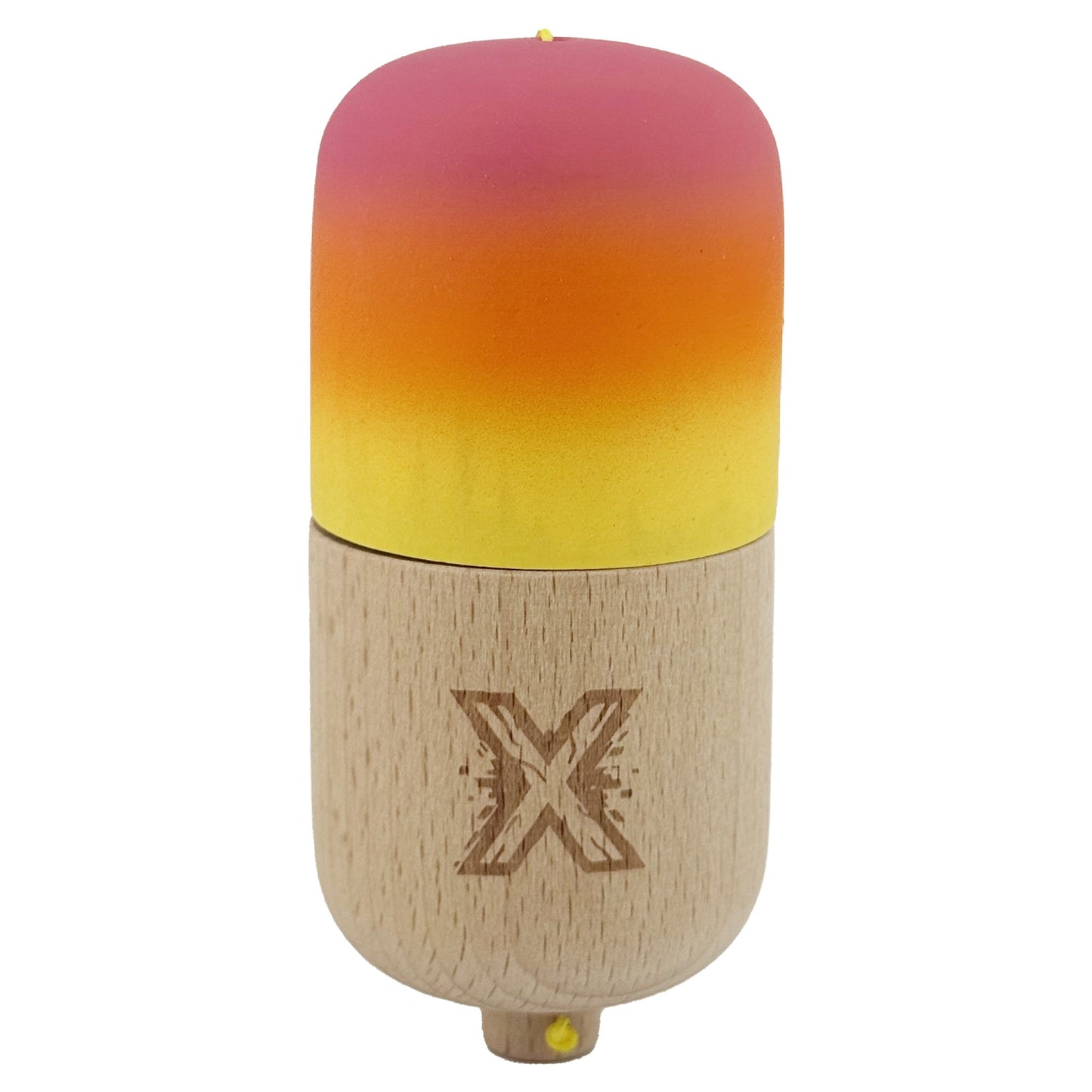 Kendama Pill X Originala, Klevo, Profesionala Model Rubber Grip Pilula, din Lemn, Varsta 9+, Ata 62/65 cm, 11 x 5 x 5 cm, Gradient Roz/Portocaliu/Galben