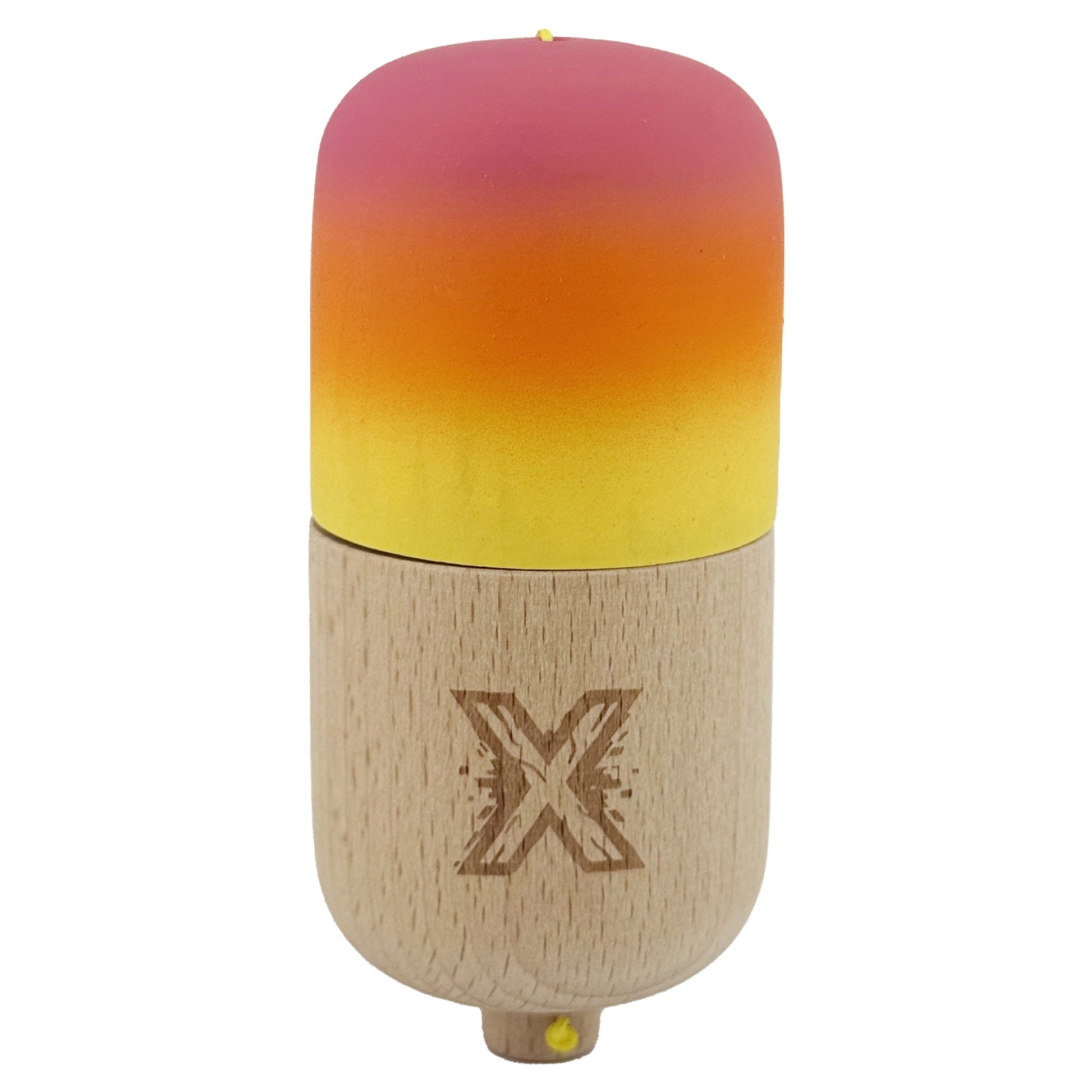 Kendama Pill X Originala, Klevo, Profesionala Model Rubber Grip Pilula, din Lemn, Varsta 9+, Ata 62/65 cm, 11 x 5 x 5 cm, Gradient Roz/Portocaliu/Galben