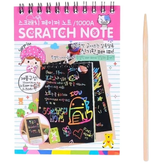 Caiet cu fise razuibile Klevo, DIY Magic Scratch, 12 File, Curcubeu, Creion din Lemn, Cartonase negre, 14.5 x 10 cm, roz