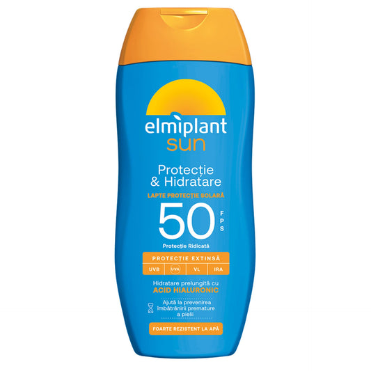 Crema de Soare, Lapte Pentru Protectie Solala, Elmiplant Sun, Protectie si Hidratare cu Acid Hialuronic, SPF 50, 200ml