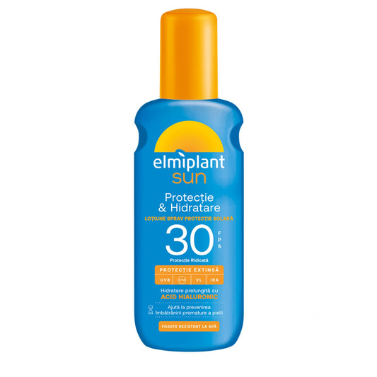 Crema de Soare, Lotiune Spray Pentru Protectie Solara, Elmiplant Sun, Protectie si Hidratare cu Acid Hialuronic, SPF 30, 200 ml