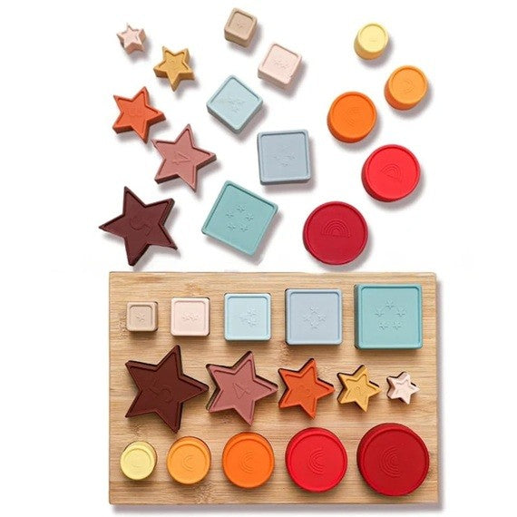 Jucarie Educativa, Klevo, +12 Luni, Tip Montessori, din Lemn si Silicon, Forme Geometrice Stivuibile, 15 Piese, 27 x 19 cm, Multicolor