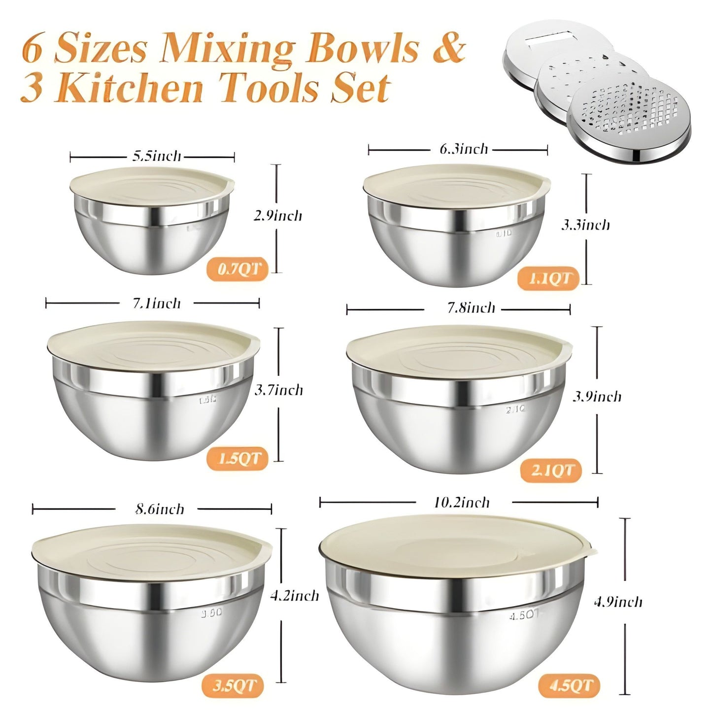 Set 6 Boluri pentru Mixare si Depozitare, Klevo, Inox Premium, Capace Ermetice, 3 Accesorii Razuire si Feliere, Interior Gradat, Design Nestable, Argintiu