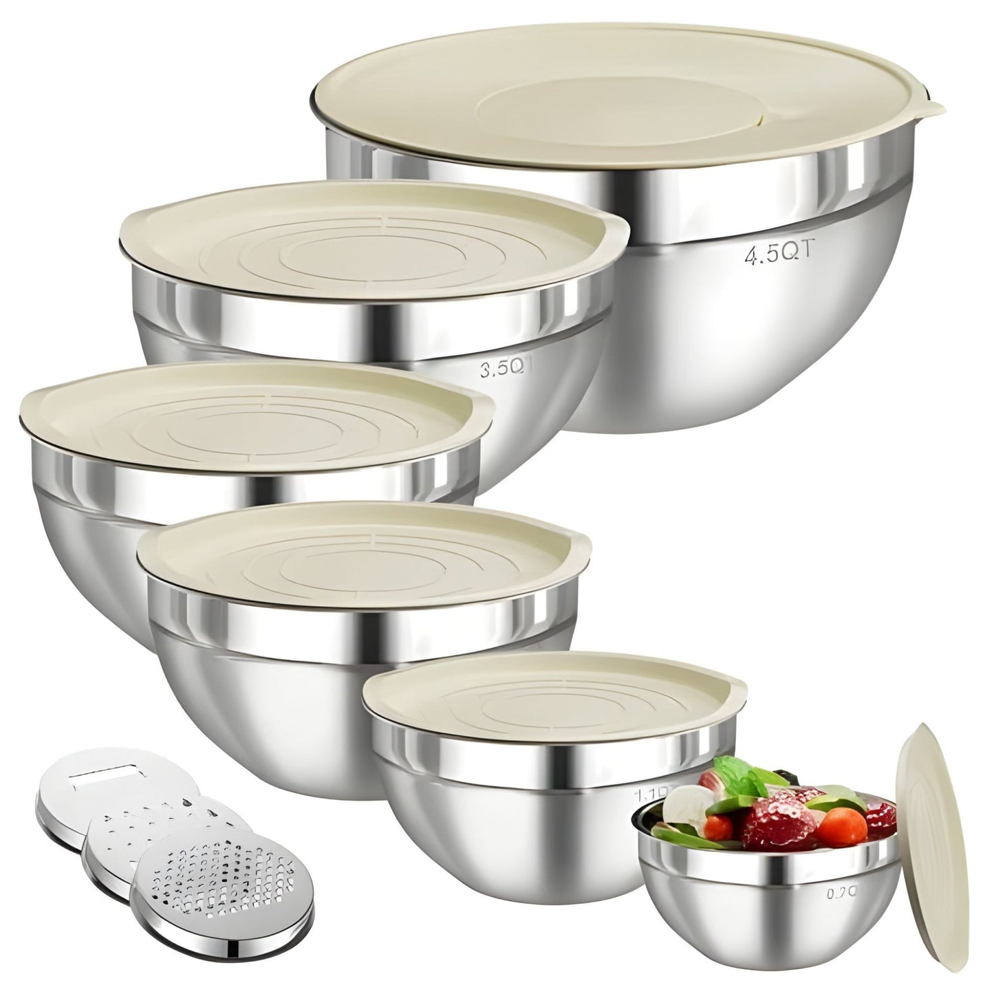 Set 6 Boluri pentru Mixare si Depozitare, Klevo, Inox Premium, Capace Ermetice, 3 Accesorii Razuire si Feliere, Interior Gradat, Design Nestable, Argintiu