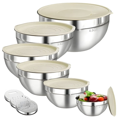 Set 6 Boluri pentru Mixare si Depozitare, Klevo, Inox Premium, Capace Ermetice, 3 Accesorii Razuire si Feliere, Interior Gradat, Design Nestable, Argintiu