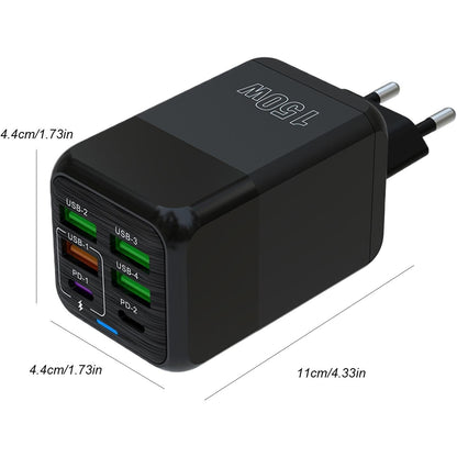 Incarcator Multifunctional, Klevo®, 6 Porturi (2 x PD Type C + 4 USB), 150 W, 5V, 2.4A, Incarcare Rapida, 4.4 x 4.4 x 11 cm, Negru