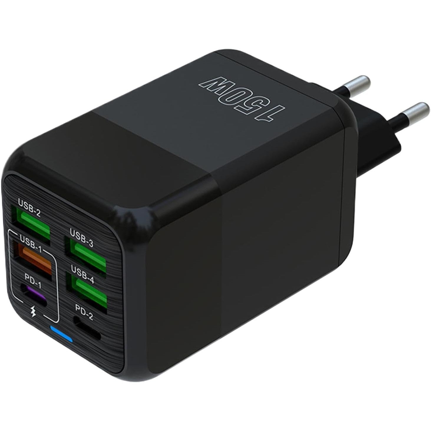 Incarcator Multifunctional, Klevo®, 6 Porturi (2 x PD Type C + 4 USB), 150 W, 5V, 2.4A, Incarcare Rapida, 4.4 x 4.4 x 11 cm, Negru