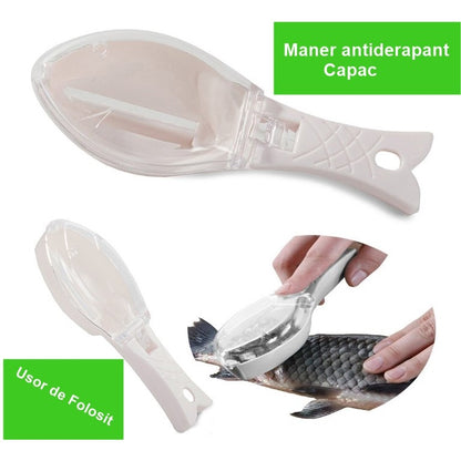 Curatator Manual Solzi de Peste, Klevo, Forma Peste , Recipient cu Capcac pentru Solzi, Plastic, Roz pal, 16x6 cm
