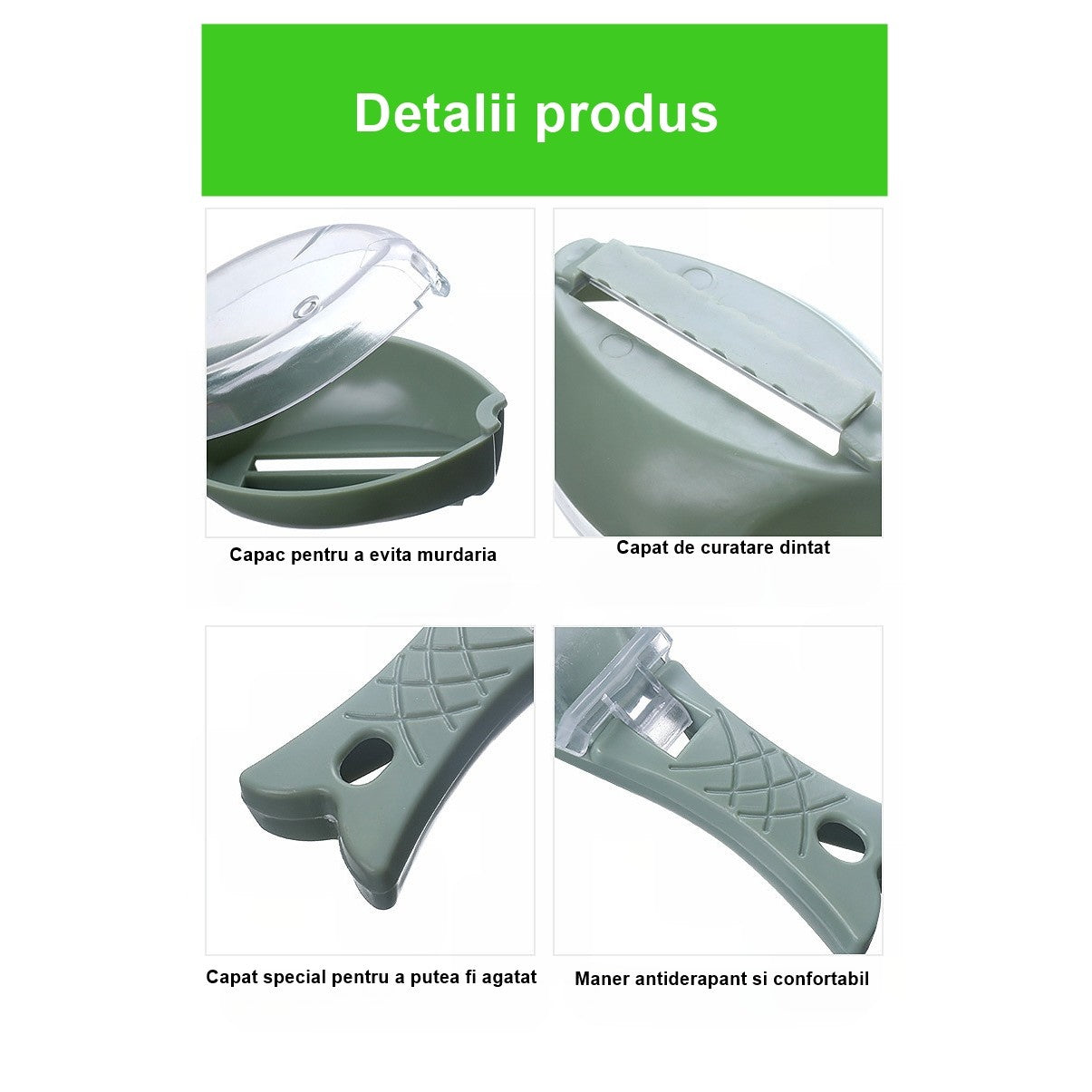 Curatator Manual Solzi de Peste, Klevo, Forma Peste , Recipient cu Capcac pentru Solzi, Plastic, Verde deschis, 16x6 cm