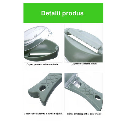 Curatator Manual Solzi de Peste, Klevo, Forma Peste , Recipient cu Capcac pentru Solzi, Plastic, Verde deschis, 16x6 cm