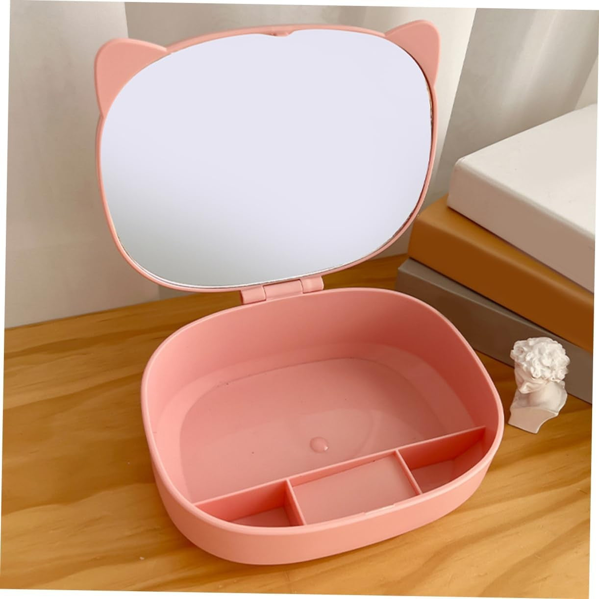 Cutie Organizatoare cu Oglinda, Klevo, 4 Compartimente, pentru Cosmetice si Accesorii, din ABS, 17x13x6 cm, Roz