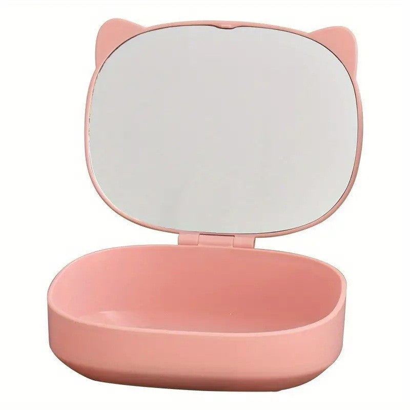 Cutie Organizatoare cu Oglinda, Klevo, 4 Compartimente, pentru Cosmetice si Accesorii, din ABS, 17x13x6 cm, Roz