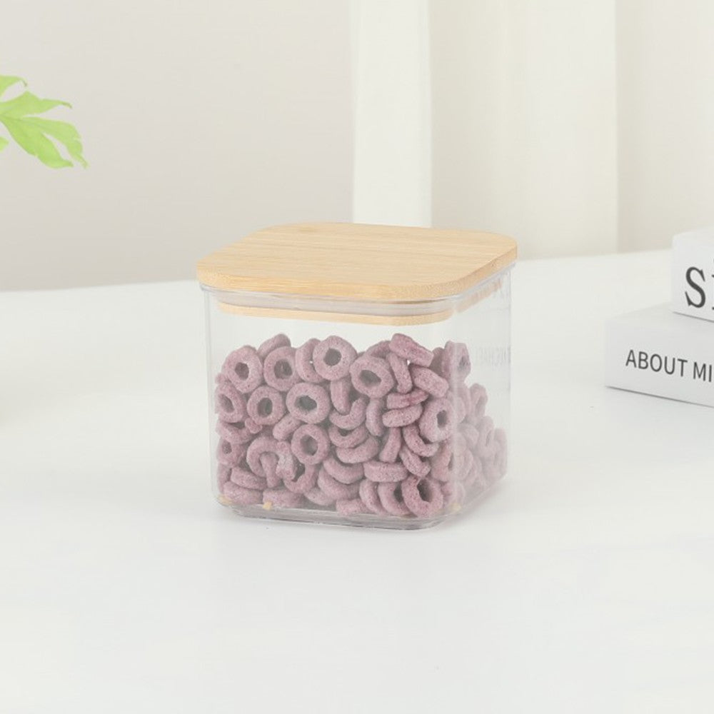 Cutie de Depozitare Alimente, Klevo, Cutie de tip Container, Cutie pentru Cereale, din Plastic, Capac din Bambuc, 10 x 10 x 8 cm, Volum 0.5 L, Transparenta