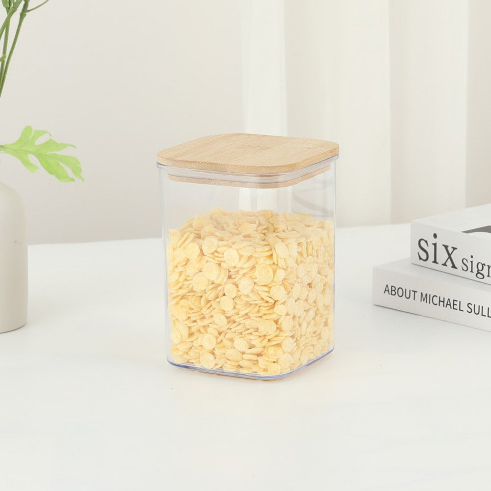 Cutie de Depozitare Alimente, Klevo, Cutie de tip Container, Cutie pentru Cereale, din Plastic, Capac din Bambuc, 10 x 10 x 14 cm, Volum 0.8 L, Transparent