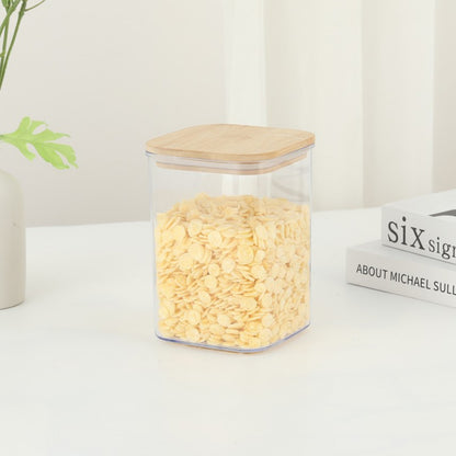 Cutie de Depozitare Alimente, Klevo, Cutie de tip Container, Cutie pentru Cereale, din Plastic, Capac din Bambuc, 10 x 10 x 14 cm, Volum 0.8 L, Transparent