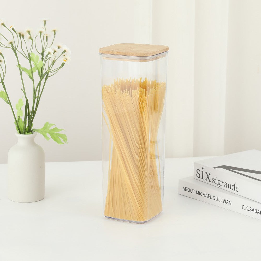 Cutie de Depozitare Alimente, Klevo, Cutie de tip Container, Cutie pentru Cereale, din Plastic, Capac din Bambuc, 10 x 10 x 30 cm, Volum 1.9 l, Transparent