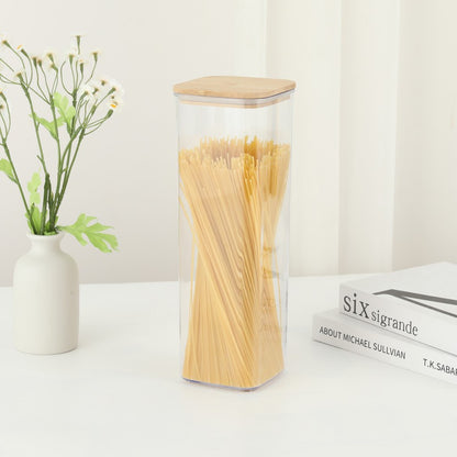 Cutie de Depozitare Alimente, Klevo, Cutie de tip Container, Cutie pentru Cereale, din Plastic, Capac din Bambuc, 10 x 10 x 30 cm, Volum 1.9 l, Transparent