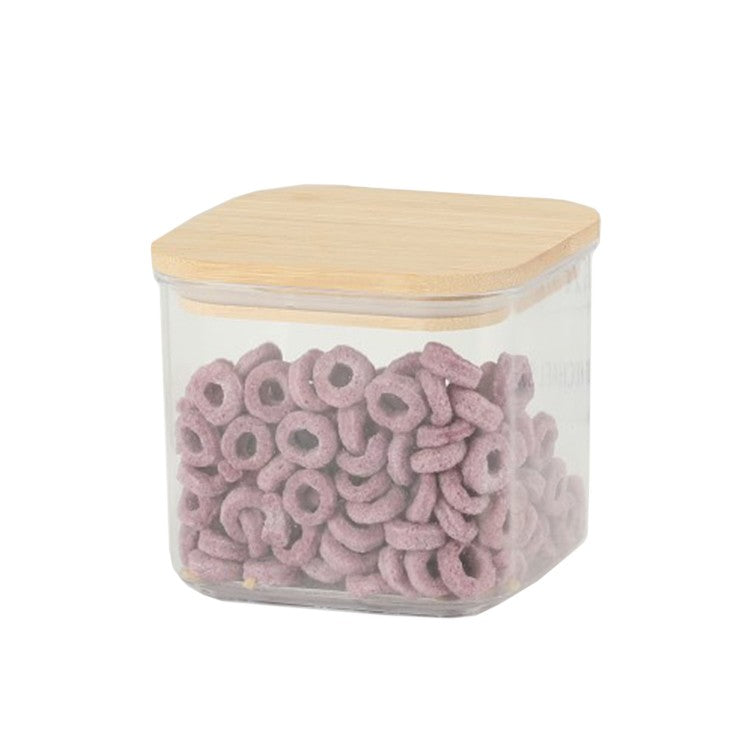 Cutie de Depozitare Alimente, Klevo, Cutie de tip Container, Cutie pentru Cereale, din Plastic, Capac din Bambuc, 10 x 10 x 8 cm, Volum 0.5 L, Transparenta