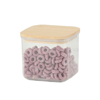 Cutie de Depozitare Alimente, Klevo, Cutie de tip Container, Cutie pentru Cereale, din Plastic, Capac din Bambuc, 10 x 10 x 8 cm, Volum 0.5 L, Transparenta