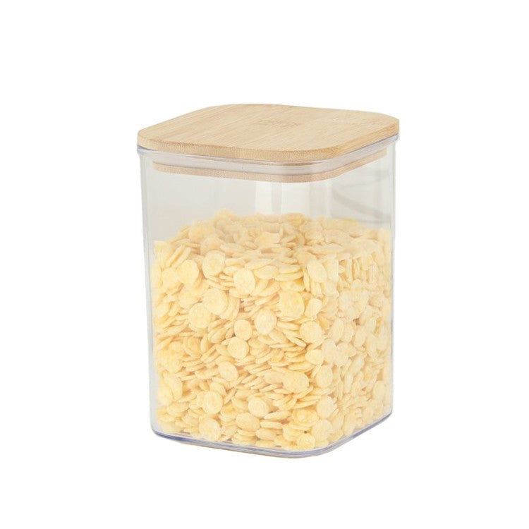 Cutie de Depozitare Alimente, Klevo, Cutie de tip Container, Cutie pentru Cereale, din Plastic, Capac din Bambuc, 10 x 10 x 14 cm, Volum 0.8 L, Transparent