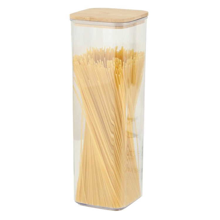 Cutie de Depozitare Alimente, Klevo, Cutie de tip Container, Cutie pentru Cereale, din Plastic, Capac din Bambuc, 10 x 10 x 30 cm, Volum 1.9 l, Transparent