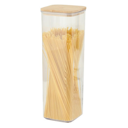 Cutie de Depozitare Alimente, Klevo, Cutie de tip Container, Cutie pentru Cereale, din Plastic, Capac din Bambuc, 10 x 10 x 30 cm, Volum 1.9 l, Transparent