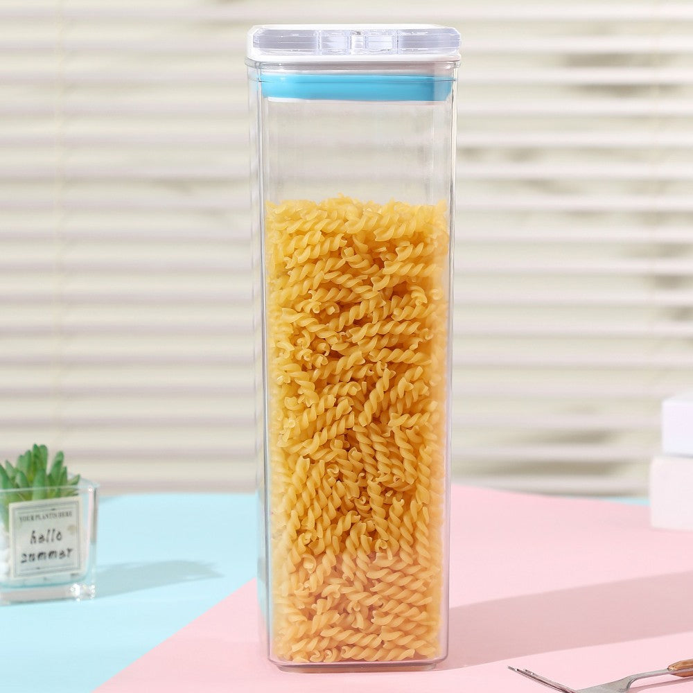 Cutie de Depozitare Alimente, Klevo, tip Container, 1.9L, 10x10x30.5 cm, Recipiente pentru Cereale in Bucatarie,  Transparente cu Capac Alb-Albastru