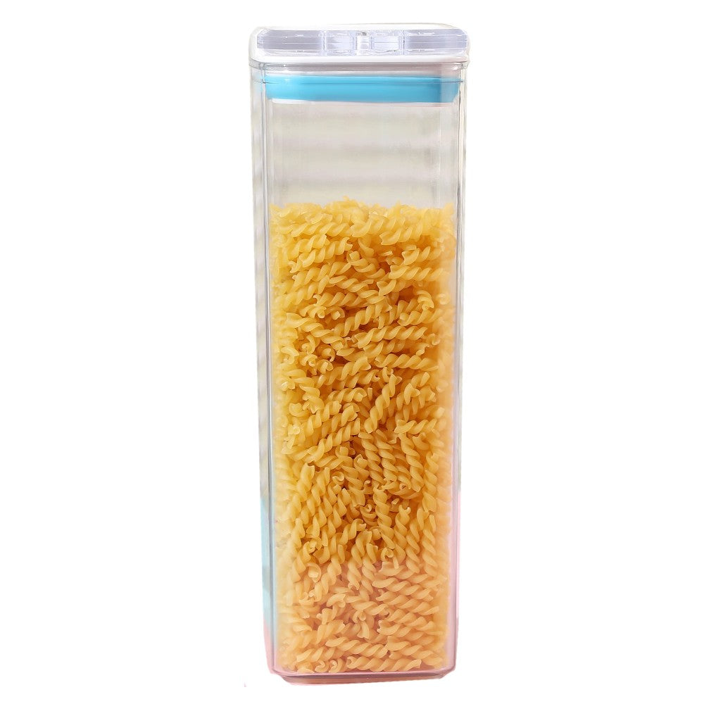 Cutie de Depozitare Alimente, Klevo, tip Container, 1.9L, 10x10x30.5 cm, Recipiente pentru Cereale in Bucatarie,  Transparente cu Capac Alb-Albastru