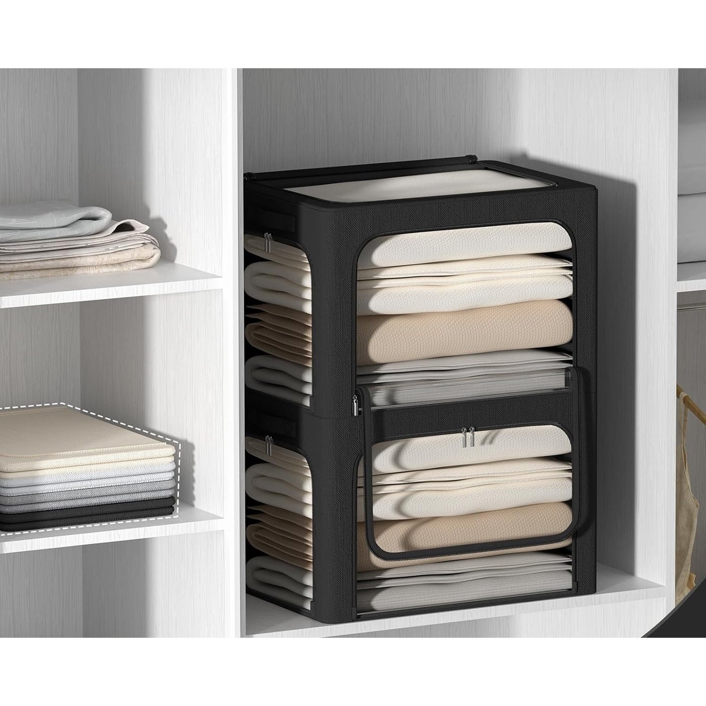 Cutie de Depozitare, Klevo, cu 3 Ferestre cu Fermoar Bidirectional, Cadru din Otel, Impermeabil, 38L, 42 x 30 x 30 cm, Negru